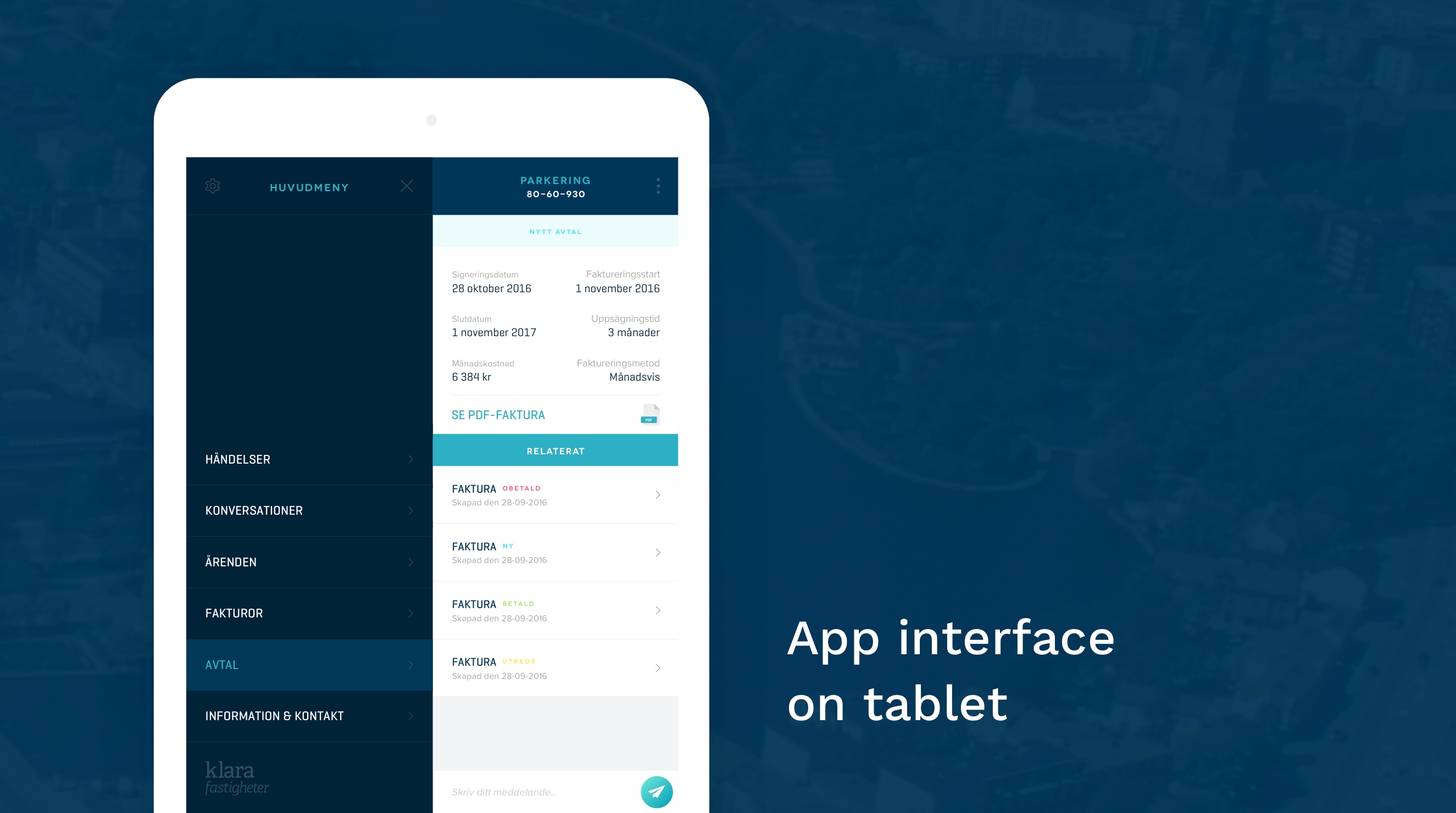 Klara Fastigheter app-gränssnitt läsplatta