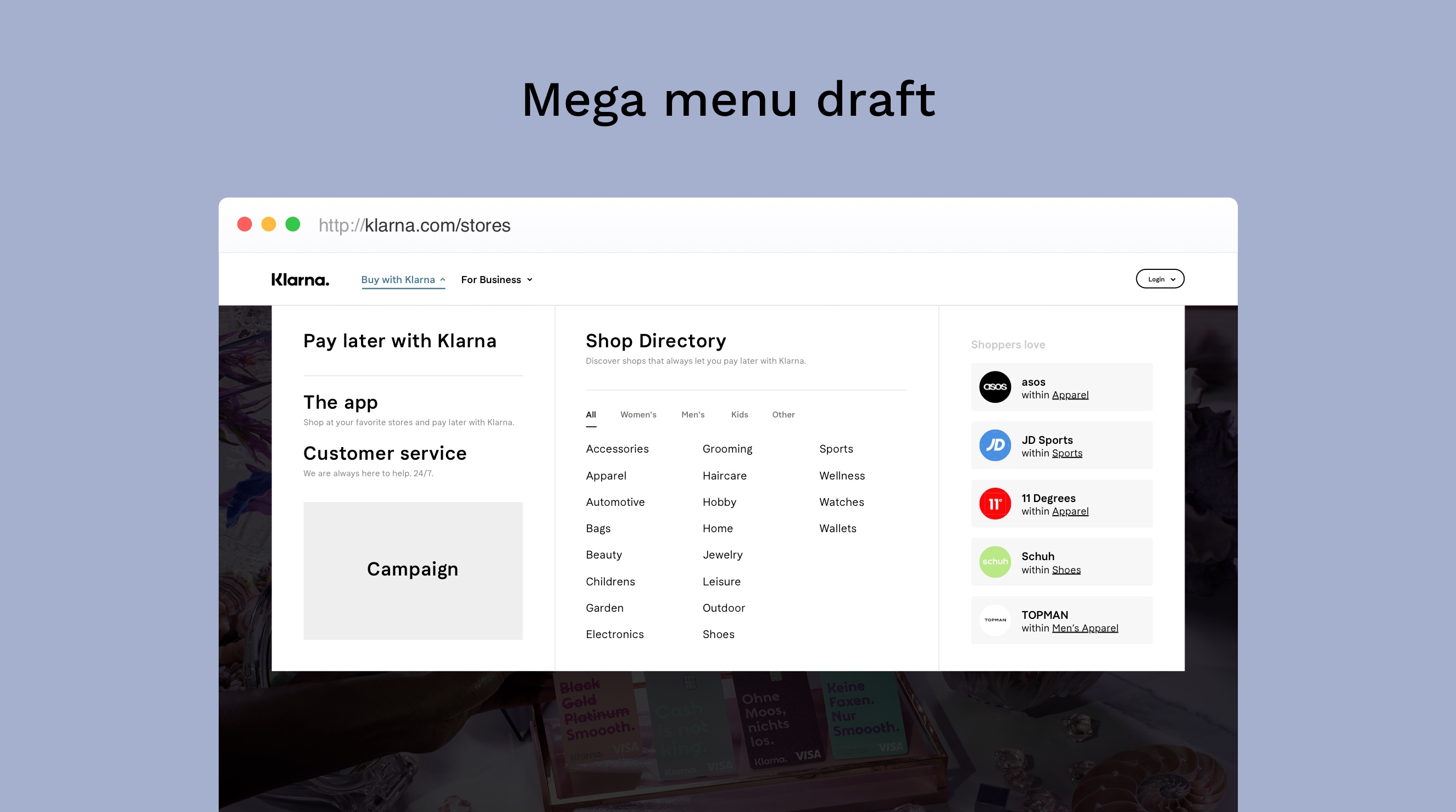 Klarna mega menu designskiss