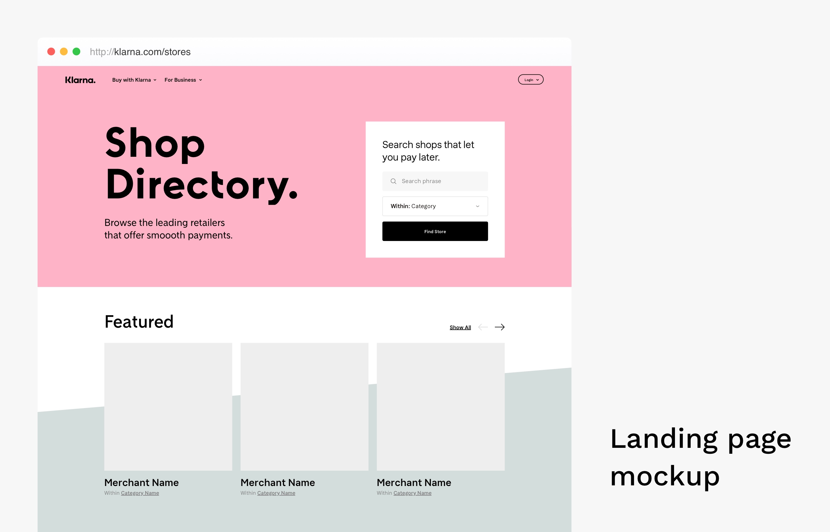 Klarna shop directory skiss landningssida